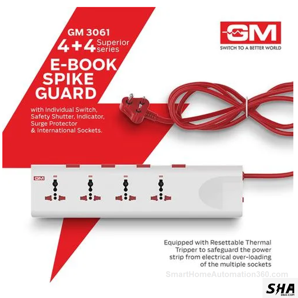 GM Modular E-Book 4+4 Spike, Individual Switch, Indicator, Safety Shutter, International Sockets & Surge Protector, GM 3061 - Sha360 GM Modular E-Book 4+4 Spike, Individual Switch, Indicator, Safety Shutter, International Sockets & Surge Protector, GM 3061 - Sha360